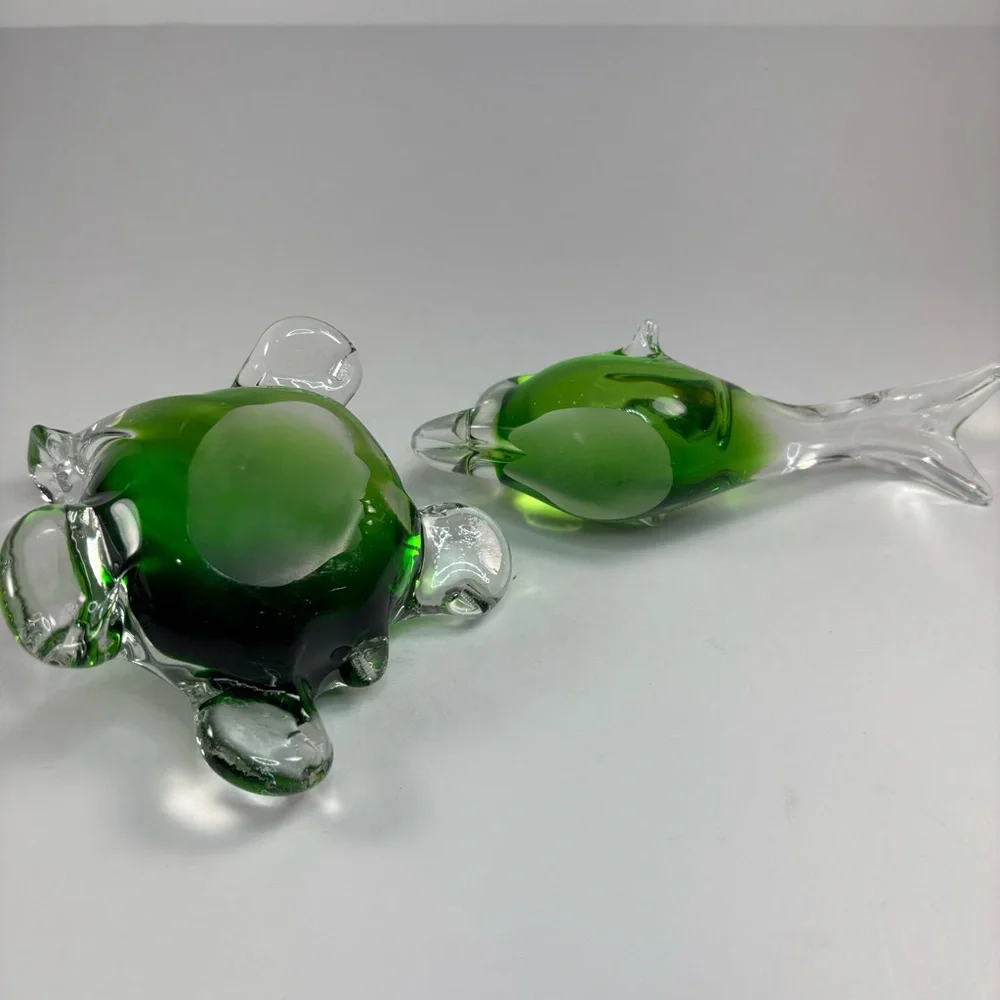 Green Glass Animal Figurines turtle dolphin,‎ vintage paperweight set of 2